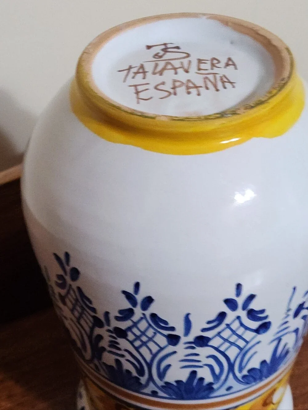 Vintage Talavera Espana Vase Hand Painted Floral Bulbous Shape Base Blue Yellow